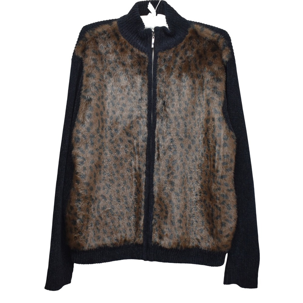 Faux Fur Leopard Print Cardigan Mock Neck Full Zip Black Chenille Chic Womens L